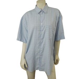 BRIONI Shirt, XL, Blue/White Windowpane Plaid, Cotton, Short sleeves, Pocket